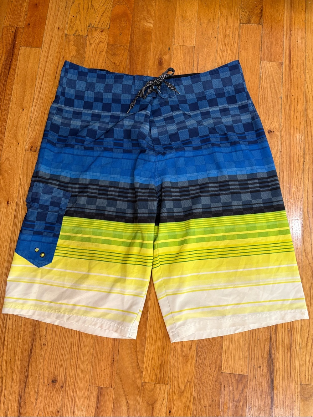 Joe Boxer Blue, Yellow & White Gradient Check Board Shorts